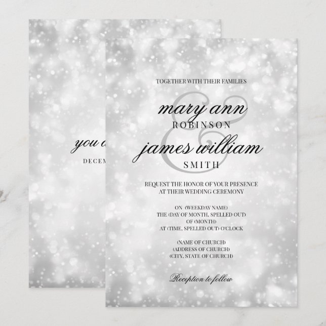 Silver Champagne Bokeh Elegant Wedding Invitation (Front/Back)