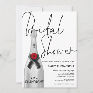 Silver Champagne Bottle Script White Bridal Shower Invitation