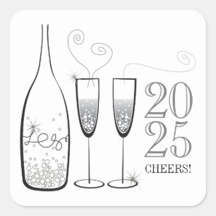 Silver Champagne Cheers Bubbly Stylish New Year Square Sticker