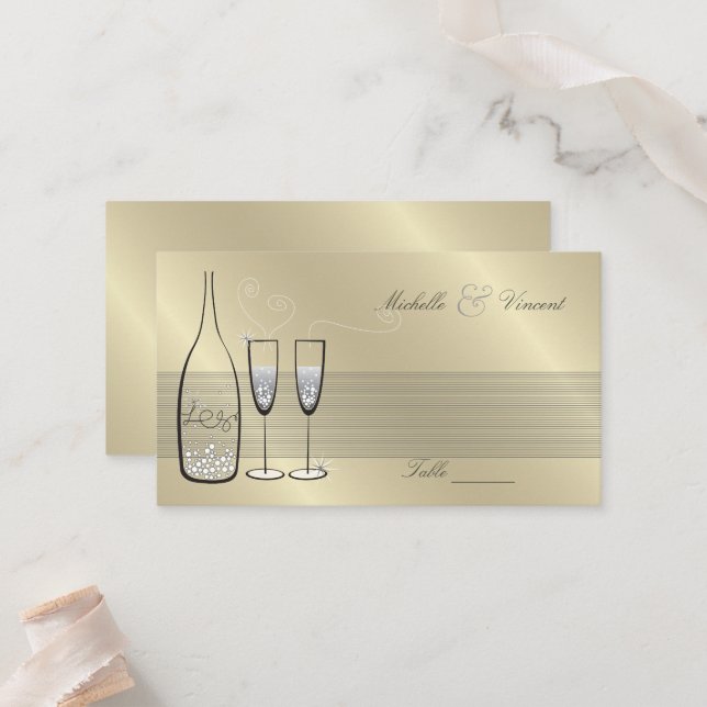 Silver Champagne Cheers Chic Wedding Anniversary Place Card (Front/Back In Situ)