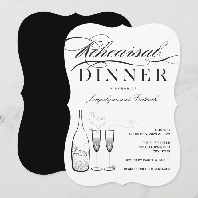 Silver Champagne Rehearsal Dinner Party Invite (Front/Back)