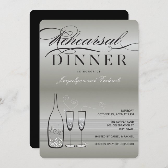 Silver Champagne Rehearsal Dinner Party Invite (Front/Back)