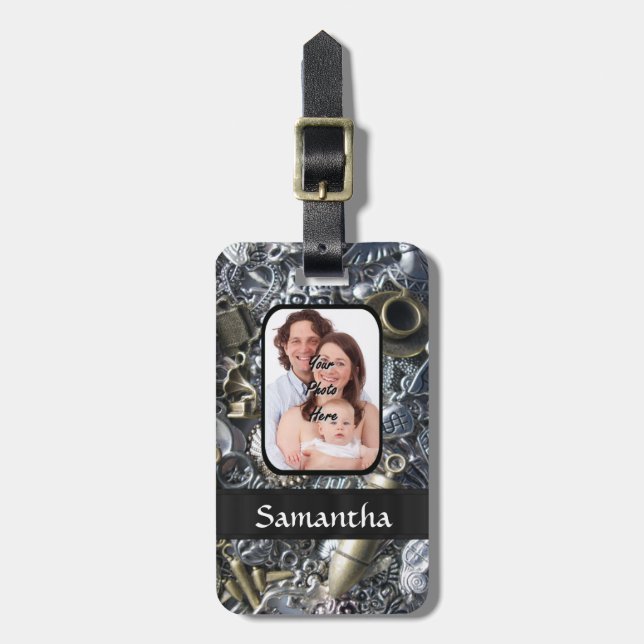 Silver charm collage personalised photo luggage tag (Front Vertical)