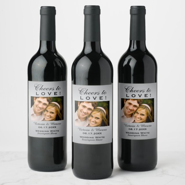 Silver Cheers to Love Wedding Photo Bottle Favour Wine Label (Bottles)