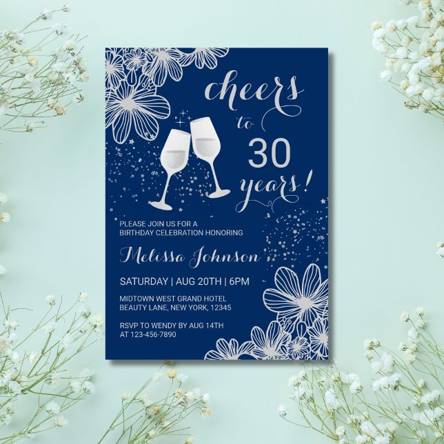 Silver Cheers Wine Floral Navy Milestone Birthday Invitation (Creator Uploaded)