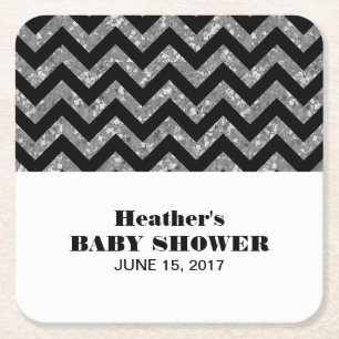 Silver Chevron Glitter Baby Shower Paper Coasters