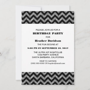 Silver Chevron Glitter Birthday Party Invite