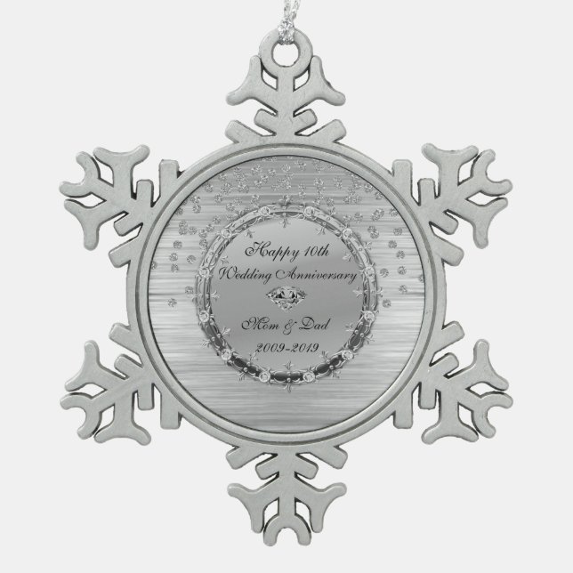 Silver Chic Diamonds 10th Wedding Anniversary Snowflake Pewter Christmas Ornament (Front)