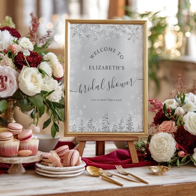 Silver chic gray snow pine welcome bridal shower poster (Silver chic gray snow pine welcome bridal shower poster)
