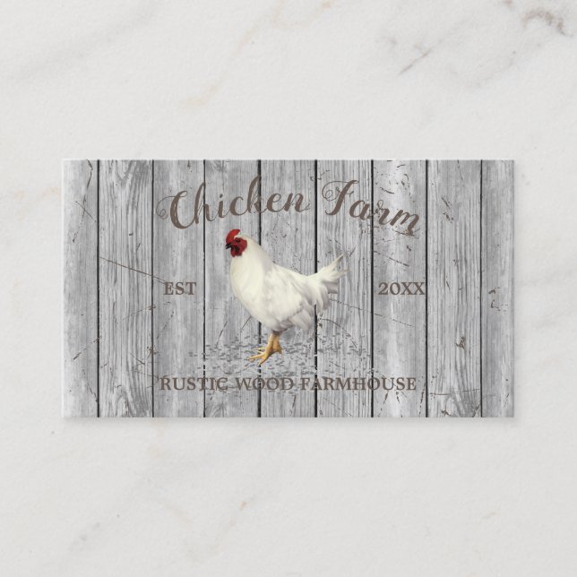 Silver Chicken Wood Rustic Organic Egg Farming Business Card (Front)