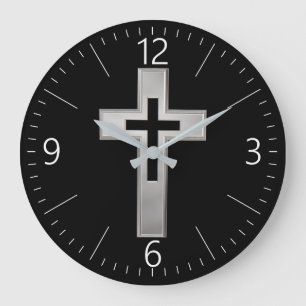 Silver Christian cross Large Clock