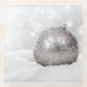 Silver Christmas Ball Ornament Glass Coaster