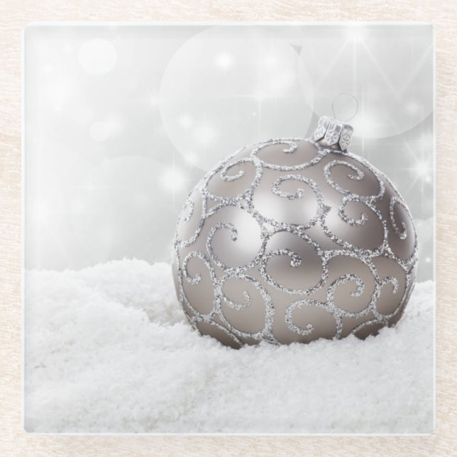 Silver Christmas Ball Ornament Glass Coaster (Front)