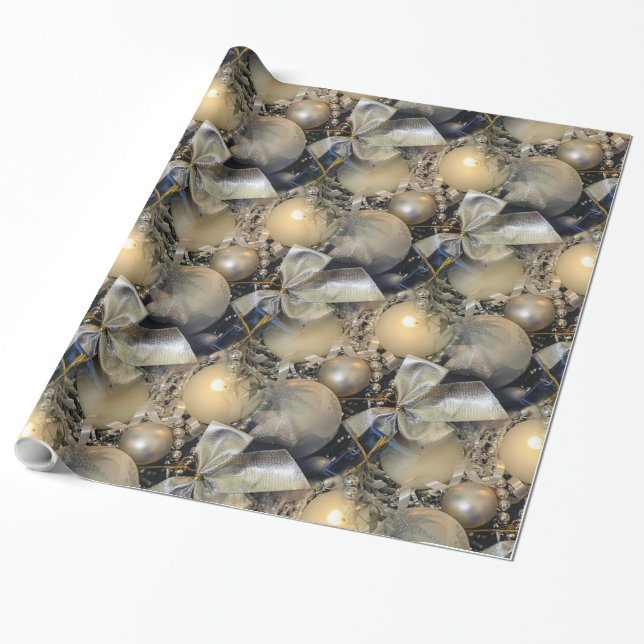 Silver Christmas Balls,Silver Bow and Candle Wrapping Paper (Unrolled)