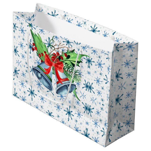 Silver Christmas Bells, Holly, and Blue Snowflakes Large Gift Bag (Front Angled)