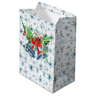 Silver Christmas Bells, Holly, and Blue Snowflakes Medium Gift Bag