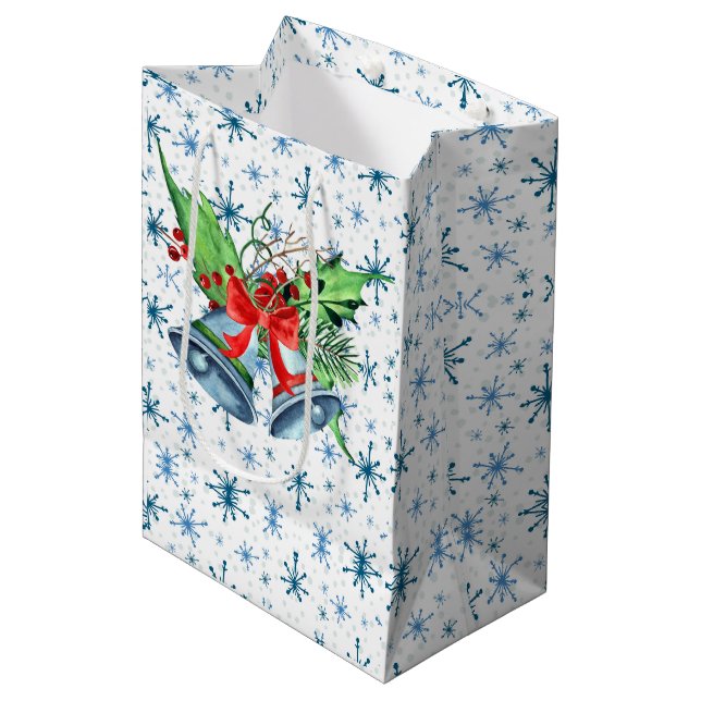 Silver Christmas Bells, Holly, and Blue Snowflakes Medium Gift Bag (Front Angled)