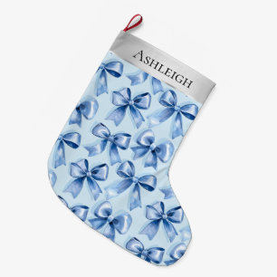 Silver Christmas Blue Bows Large Christmas Stocking
