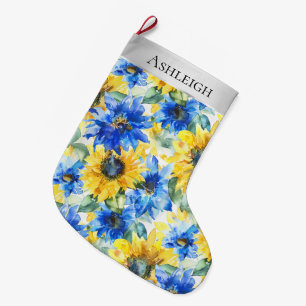 Silver Christmas Blue Yellow Flowers Large Christmas Stocking