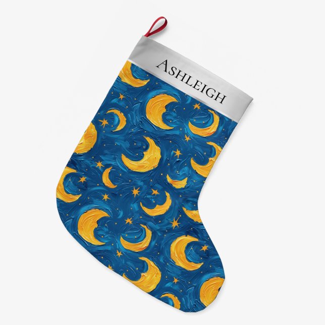 Silver Christmas Blue Yellow Stars Moon Sky Large Christmas Stocking (Front (Hanging))