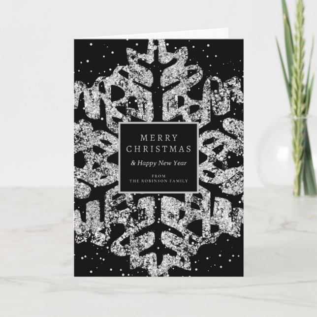 Silver Christmas Glitter Snowflake Corporate Black Holiday Card (Front)