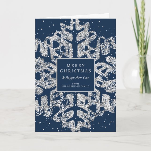 Silver Christmas Glitter Snowflake Corporate Navy  Holiday Card (Front)