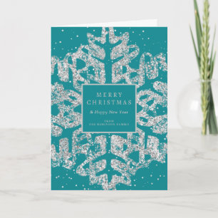 Silver Christmas Glitter Snowflake Corporate Teal  Holiday Card