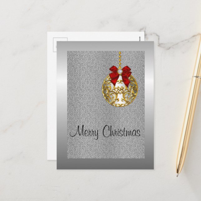 Silver Christmas, Golden Bauble Holiday Postcard (Front/Back In Situ)