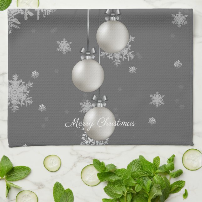 Silver Christmas Ornaments Kitchen Towel (Folded)