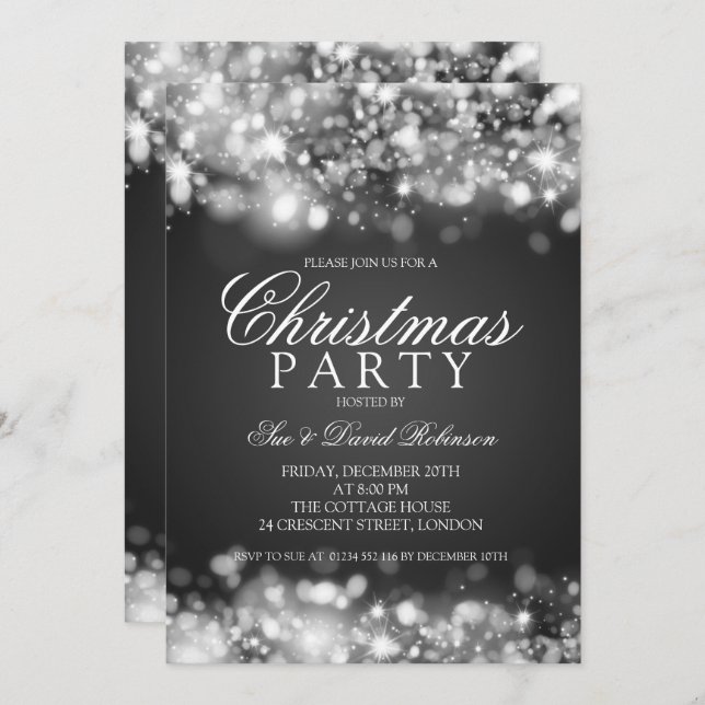Silver Christmas Party Sparkling Lights Invitation (Front/Back)