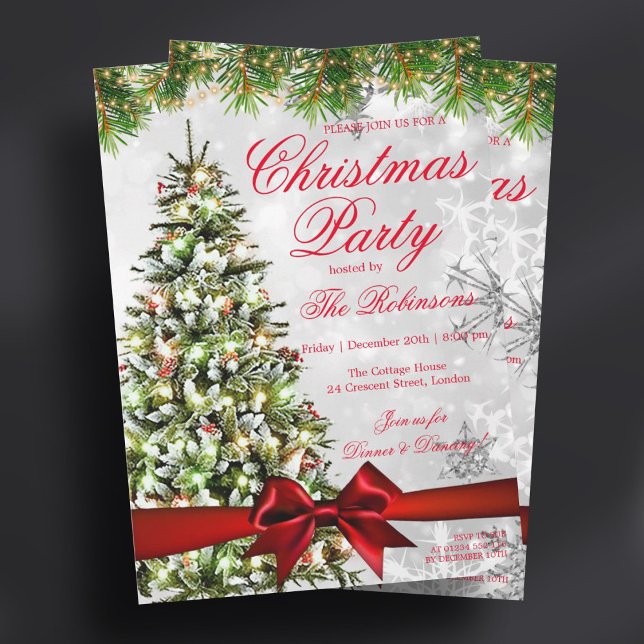 Silver Christmas Party | Xmas Tree Lights & Ribbon Invitation (Silver Christmas Party | Xmas Tree Lights & Ribbon Invitation)