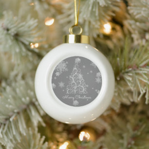 Silver Christmas Tree and Snowflakes Ceramic Ball Christmas Ornament