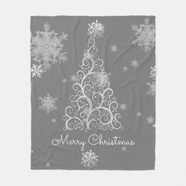 Silver Christmas Tree and Snowflakes  Fleece Blanket (Front)