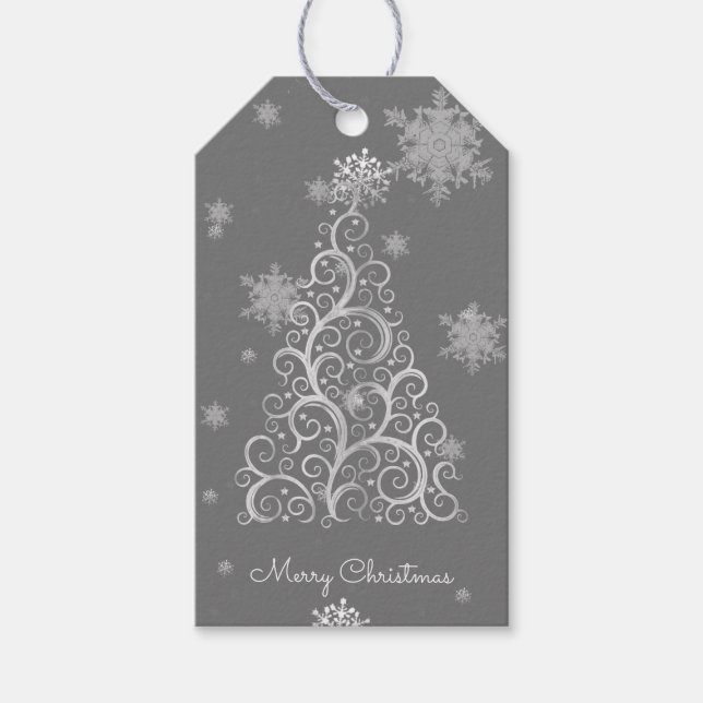 Silver Christmas Tree and Snowflakes Gift Tag (Front)