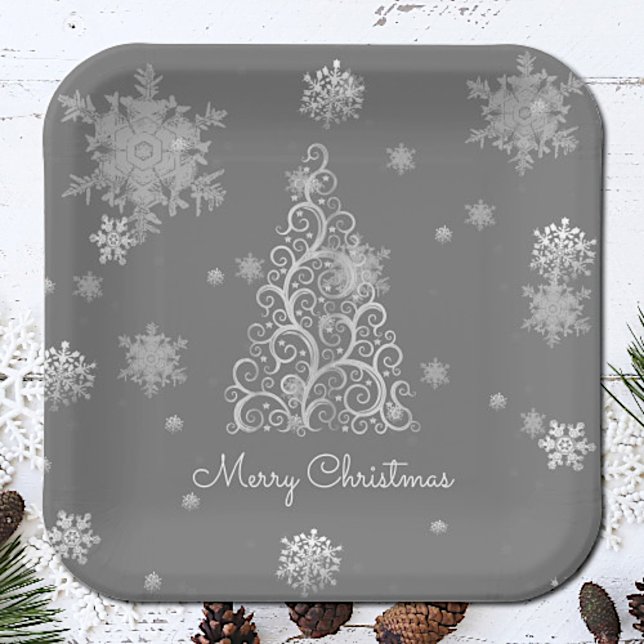 Silver Christmas Tree and Snowflakes Paper Plate (Silver Christmas Tree and Snowflakes Paper Plates)
