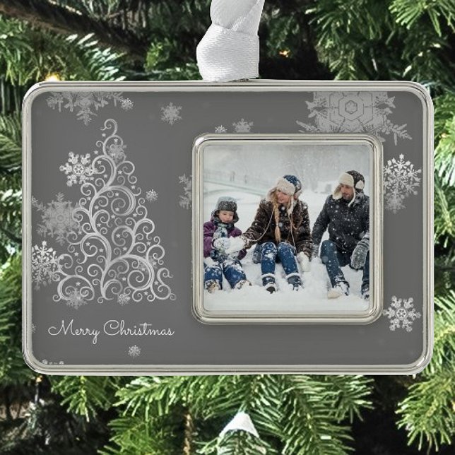 Silver Christmas Tree and Snowflakes Silver Plated Framed Ornament (Silver Christmas Tree and Snowflakes Framed Ornament)