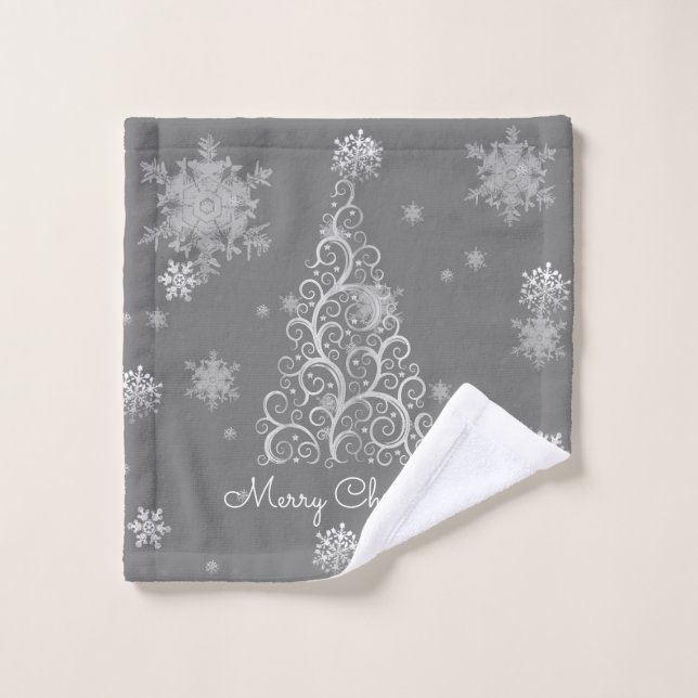 Silver Christmas Tree and Snowflakes Towel Set (Wash Cloth)