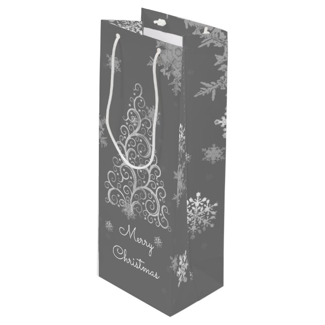 Silver Christmas Tree and Snowflakes Wine Gift Bag (Front Angled)