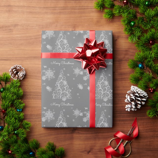 Silver Christmas Tree and Snowflakes  Wrapping Paper (Holiday Gift)