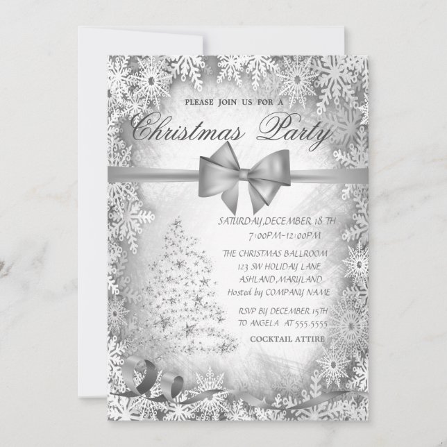 Silver Christmas Tree ,Bow Grey Christmas Party Invitation (Front)