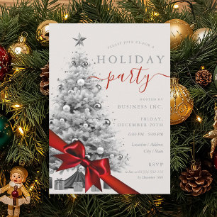 Silver Christmas Tree Red Bow Corporate Holiday  Invitation