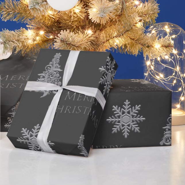 Silver Christmas Tree Snowflake on Charcoal Grey  Wrapping Paper (Holidays)