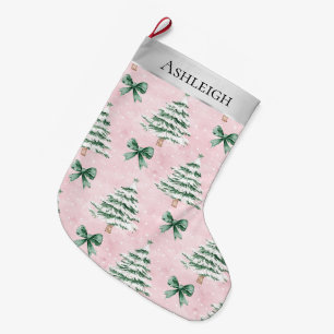 Silver Christmas Trees Pink Green Bows Large Christmas Stocking
