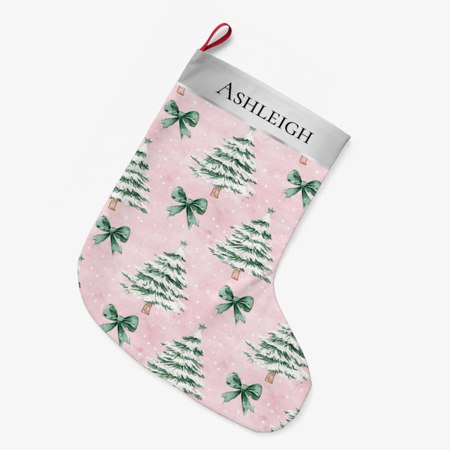 Silver Christmas Trees Pink Green Bows Large Christmas Stocking (Front (Hanging))