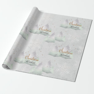 Silver Christmas Wishes Evergreen Tree Snowflake Wrapping Paper