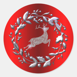 Silver Christmas Wreath and Reindeer Classic Round Sticker