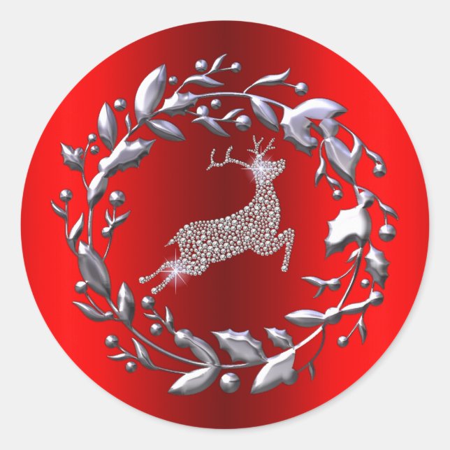 Silver Christmas Wreath and Reindeer Classic Round Sticker (Front)