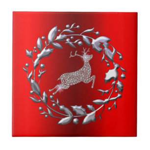 Silver Christmas Wreath and Reindeer Tile