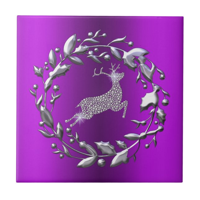 Silver Christmas Wreath, Reindeer Purple Christmas Tile (Front)