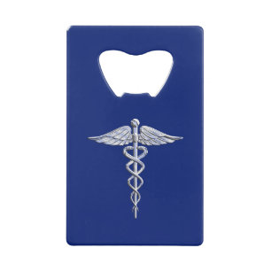 Silver Chrome Caduceus Medical Symbol on Navy Blue